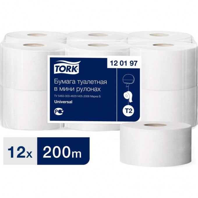 Бумага туалетная TORK T2 UNIVERSAL, 1 слой, 12 рул/уп, 200 м, белый T-120197n Бумага туалетная TORK T2 UNIVERSAL, 1 слой, 12 рул/уп, 200 м, белый T-120197n